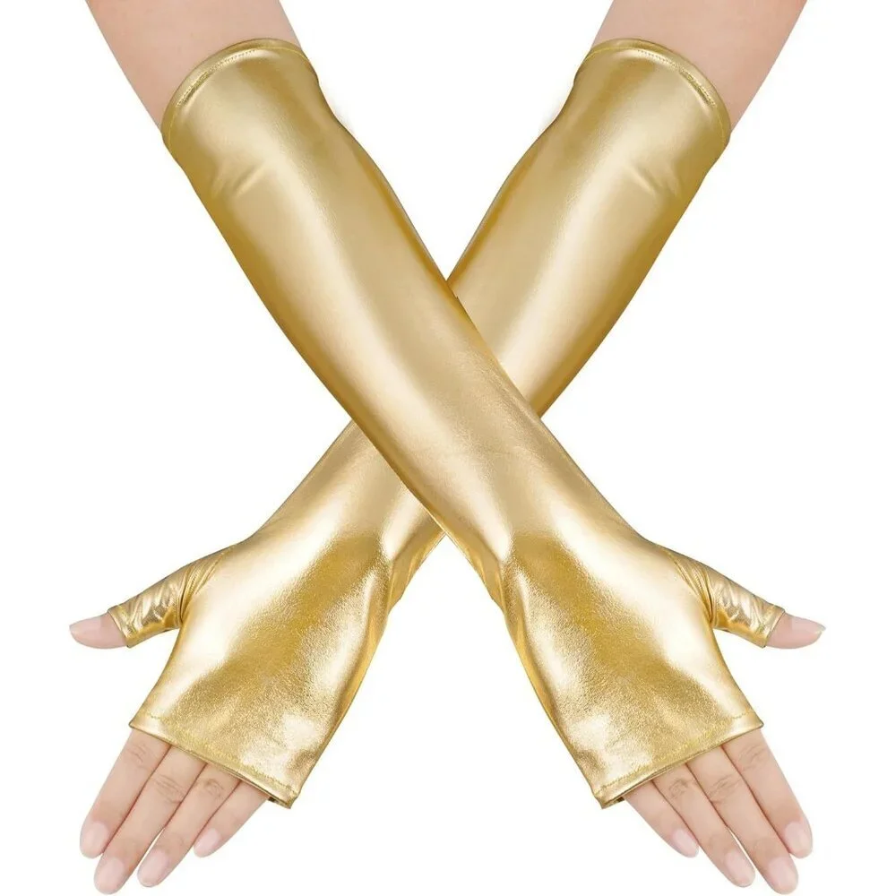 Women's Long Metallic Shiny Fingerless Gloves Gold Party Halloween Costume
